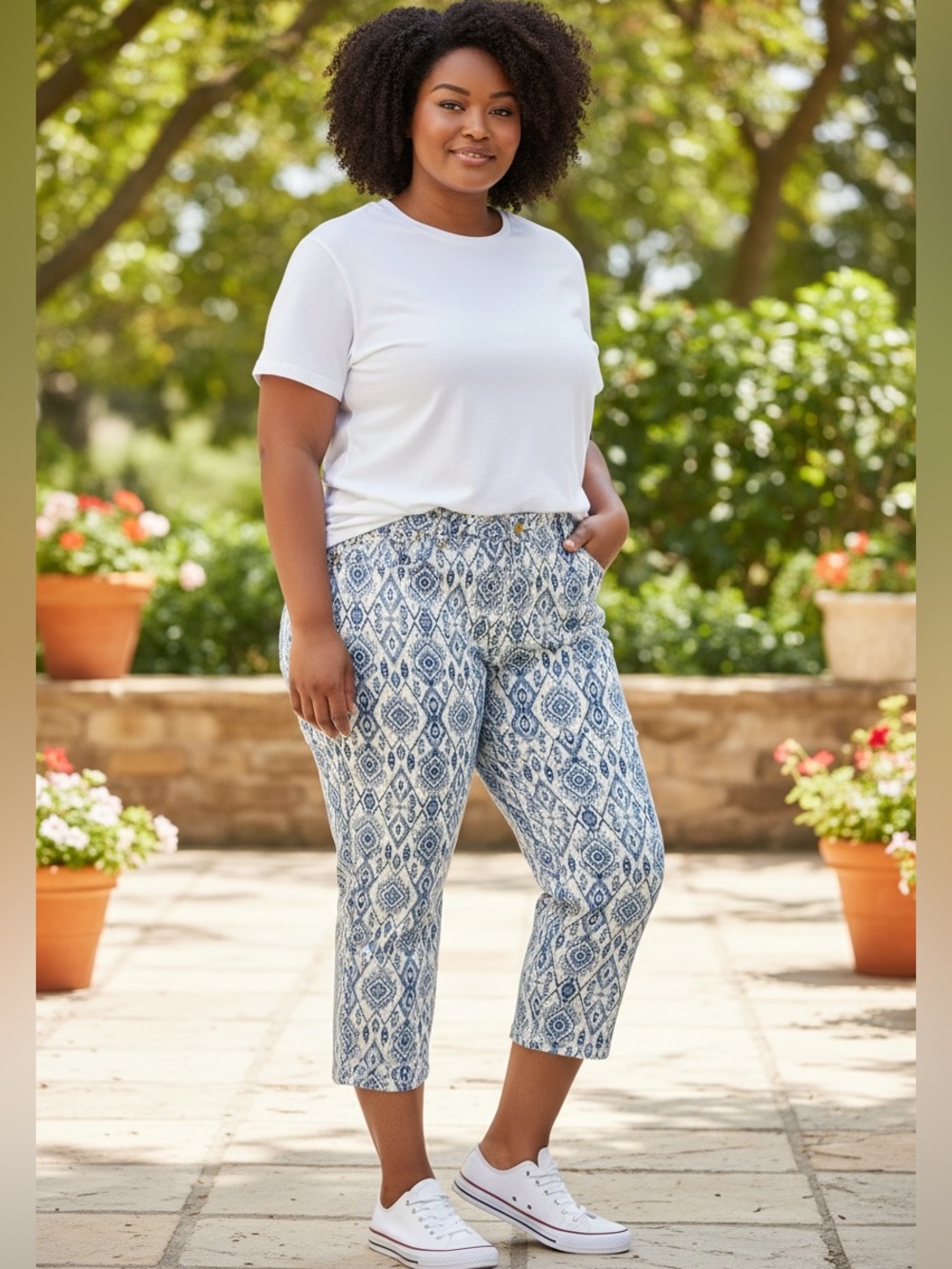 Chico's So Slimming Girlfriend Slim Leg Crop Jeans in Ikat Print (W)